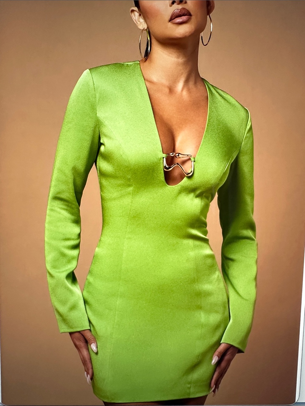 Fashion Nova Lime Green Deep V Long Sleeve Mini Dress